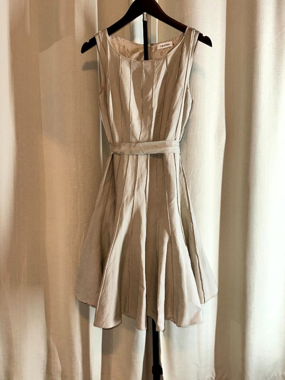 Calvin Klein Khaki Linen Blend Pleated Fit & Flare Belted Dress Sz 6
